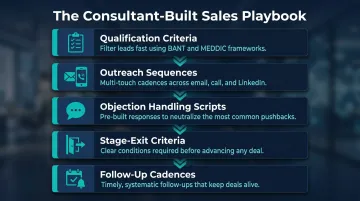 5-component B2B sales playbook framework from qualification to follow-up cadences