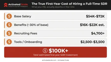 Full-time SDR first-year cost breakdown showing salary benefits recruiting and tools