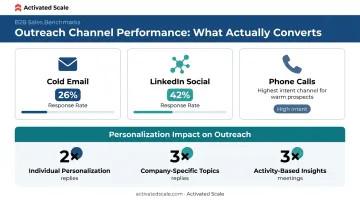 Multi-channel B2B outreach response rates email LinkedIn phone comparison infographic