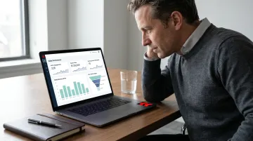 Sales manager reviewing outsourced partner performance metrics on laptop in modern office
