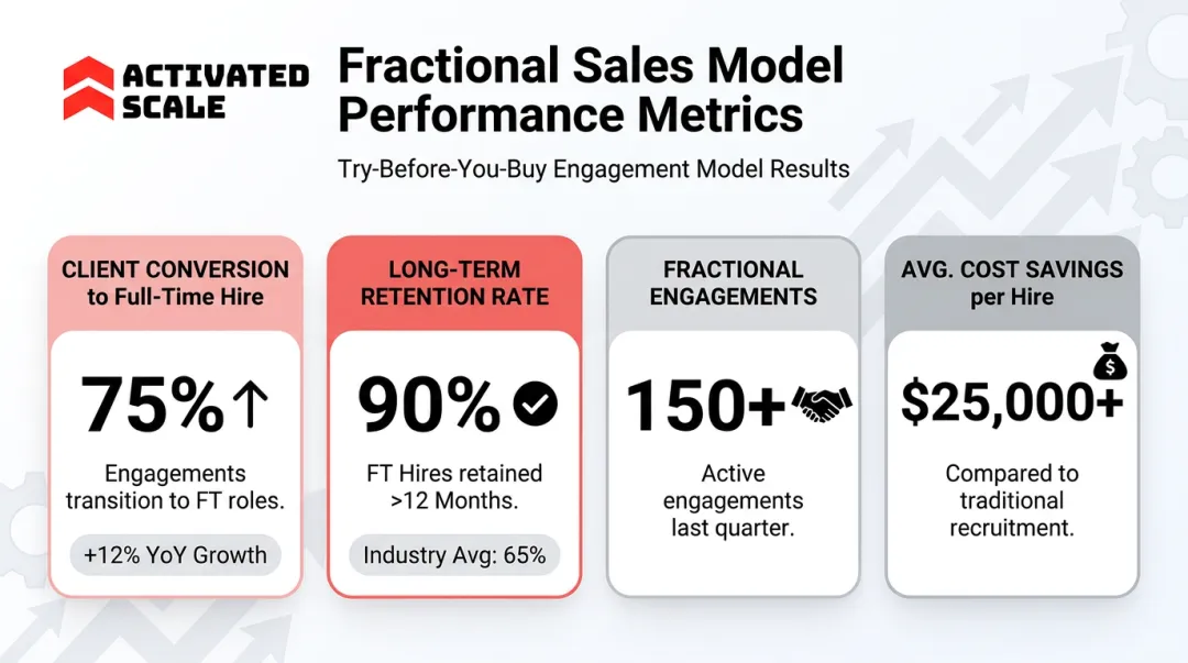 Activated Scale fractional sales model outcomes showing client conversion and retention rates