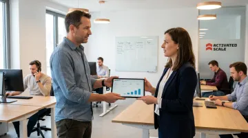Founder handing off sales team leadership to fractional executive in modern office