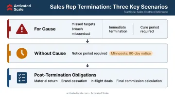 Three sales agency agreement termination scenarios with triggers and obligations