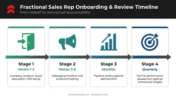 Sales agent onboarding and performance review timeline from week one to quarterly review