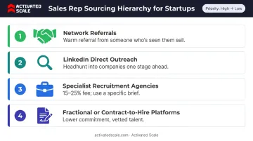 Four-tier sourcing hierarchy for hiring startup sales reps ranked by priority
