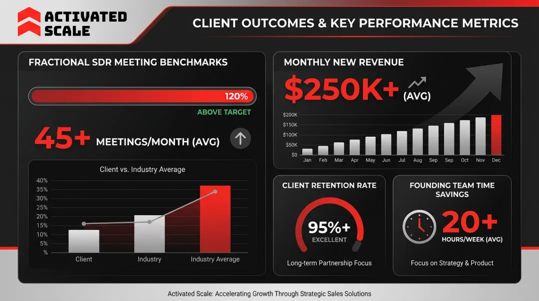 Activated Scale fractional sales outcomes dashboard showing client revenue and retention metrics