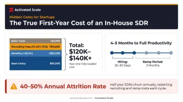 In-house SDR true annual cost breakdown with attrition and ramp timeline data