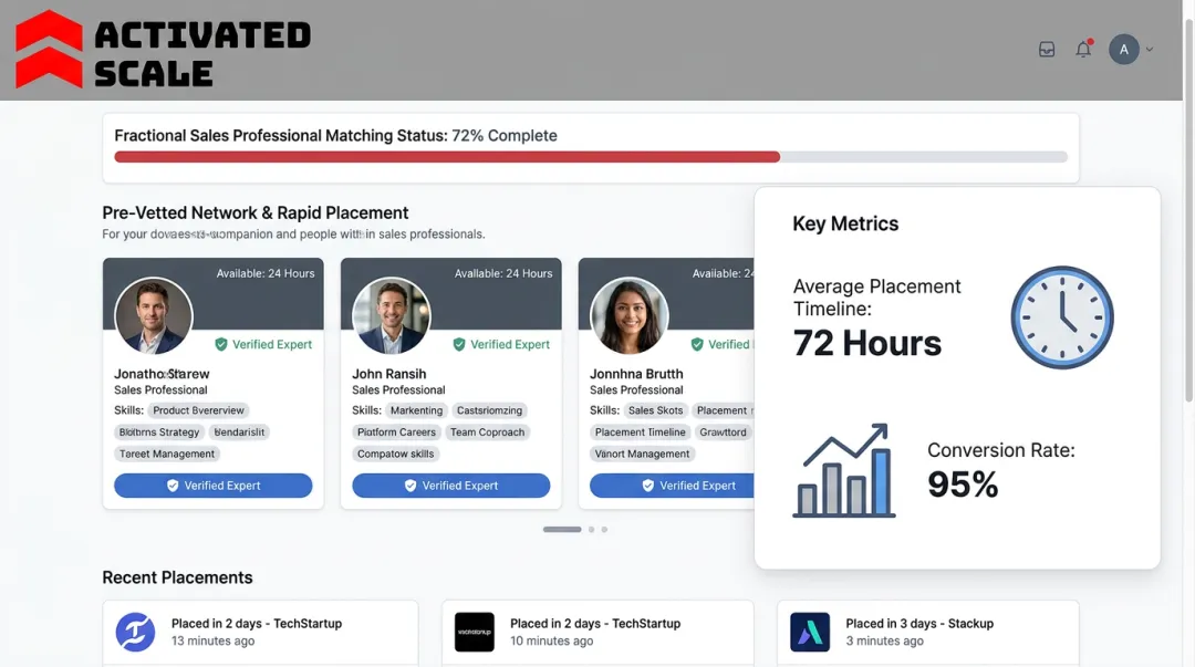 Activated Scale fractional sales professional placement process dashboard and network overview