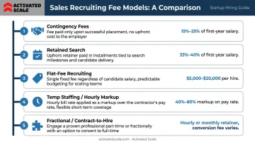 Five sales recruiting agency fee models comparison infographic with key characteristics