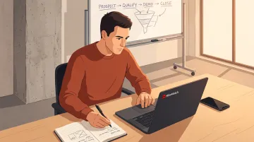Determined sales professional working independently at desk in early-stage startup office
