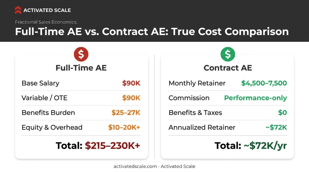 Contract fractional AE versus full-time AE annual cost comparison breakdown infographic
