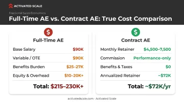 Contract fractional AE versus full-time AE annual cost comparison breakdown infographic