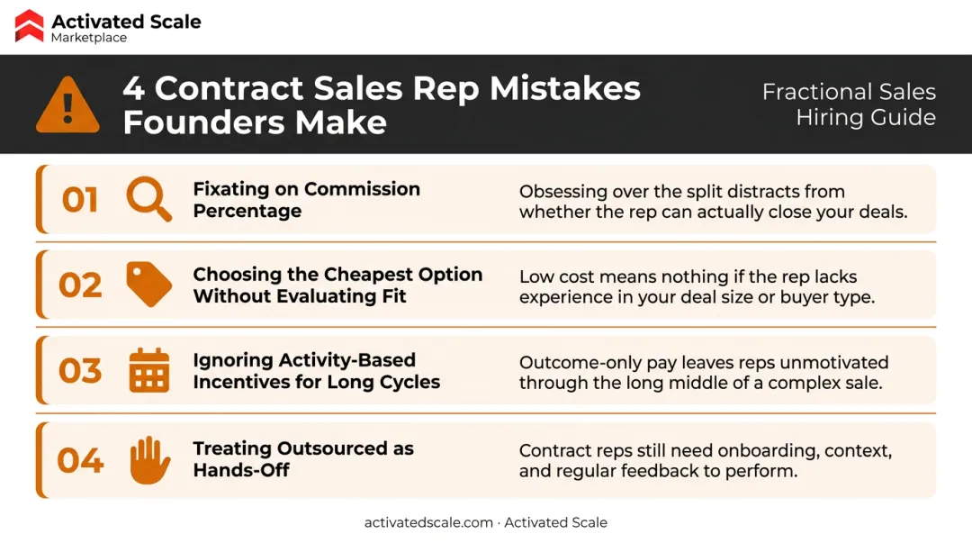 Four common founder mistakes when hiring contract sales reps warning infographic