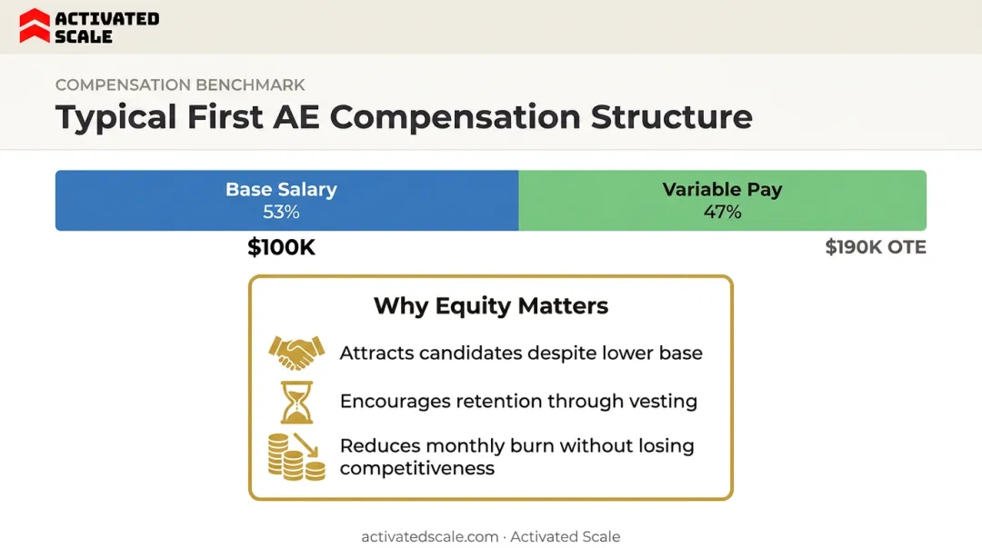 First AE compensation structure showing base OTE and equity split