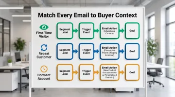B2B email segmentation strategy by buyer type showing three triggered workflow paths