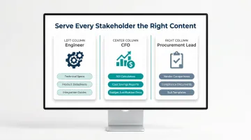 B2B buyer role segmentation infographic showing three stakeholder content types