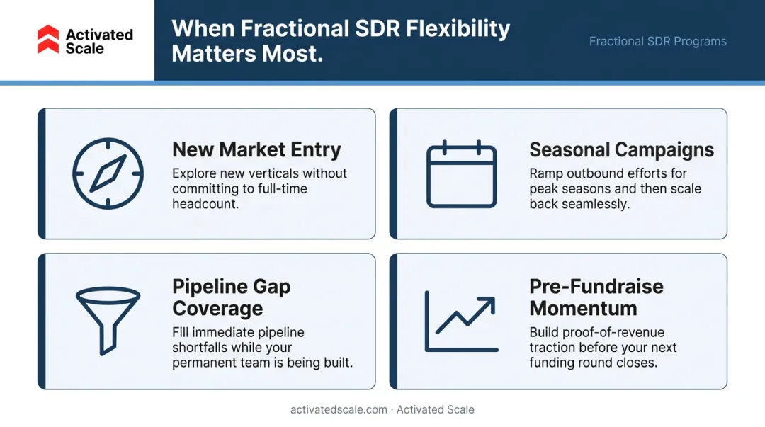 Four key fractional SDR flexibility scenarios for early-stage sales teams infographic