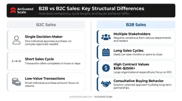 B2B versus B2C sales structure comparison showing key differences infographic