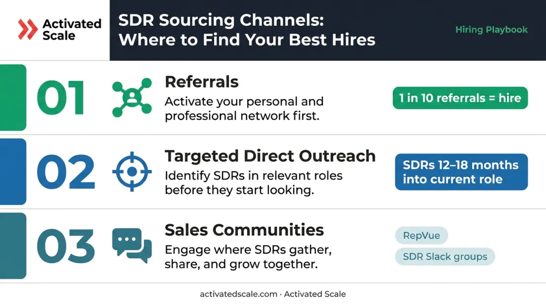 Three-channel Series B SDR sourcing strategy referrals outreach and communities