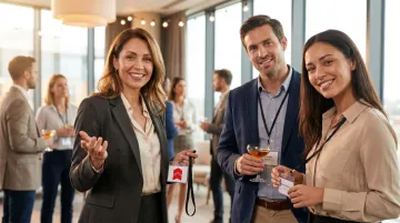 Confident sales professional delivering elevator pitch at business networking event