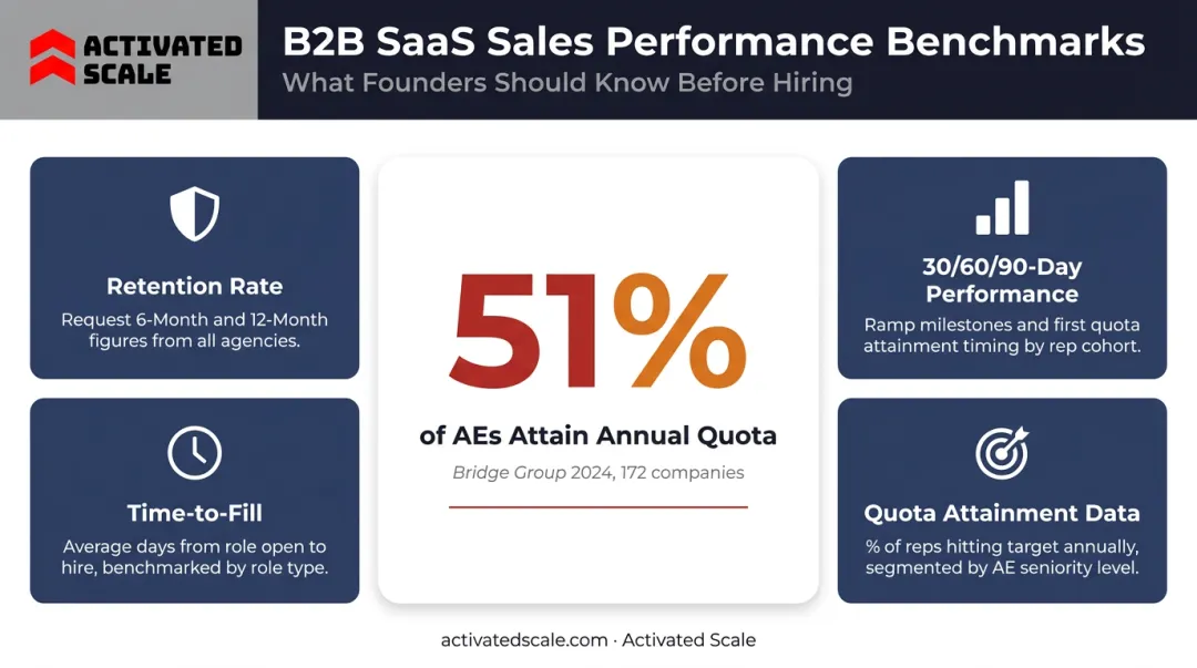 B2B SaaS AE quota attainment benchmark data and post-placement performance metrics