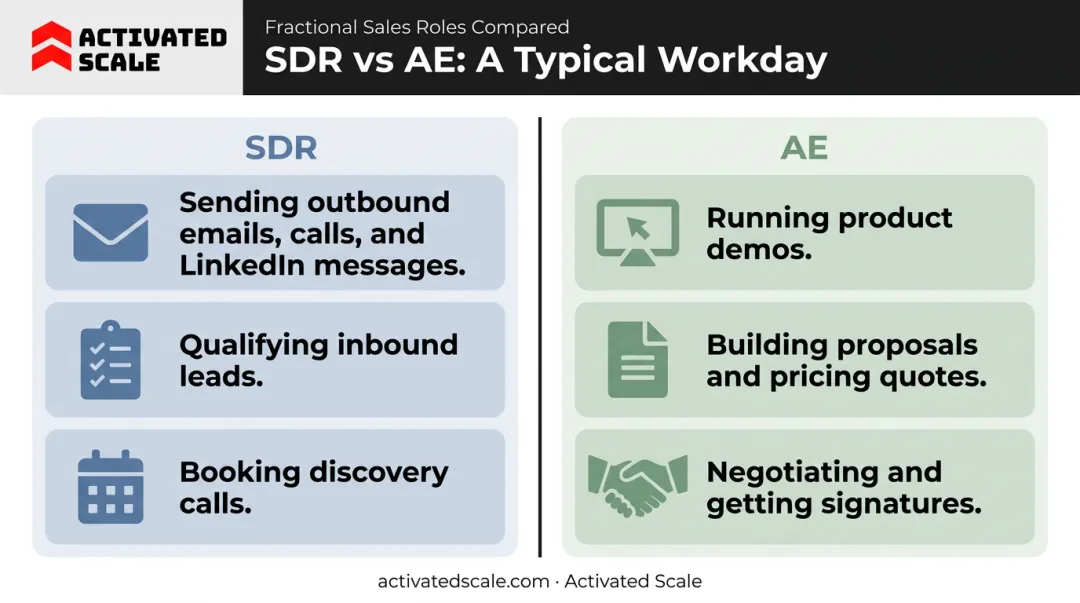 SDR versus AE daily responsibilities side-by-side comparison infographic