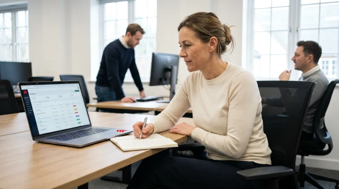 Experienced B2B SaaS sales professional onboarding confidently at startup office desk
