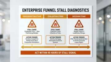 Enterprise deal stall points by funnel stage with common causes and warning signals