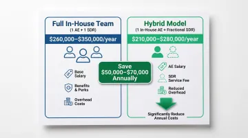 Hybrid versus full in-house sales team annual cost comparison showing 50000 dollar savings