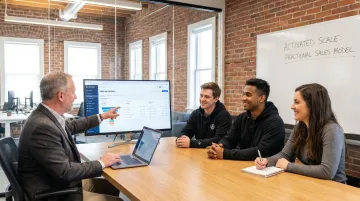 Fractional sales professional embedded in startup team reviewing pipeline and sales playbook