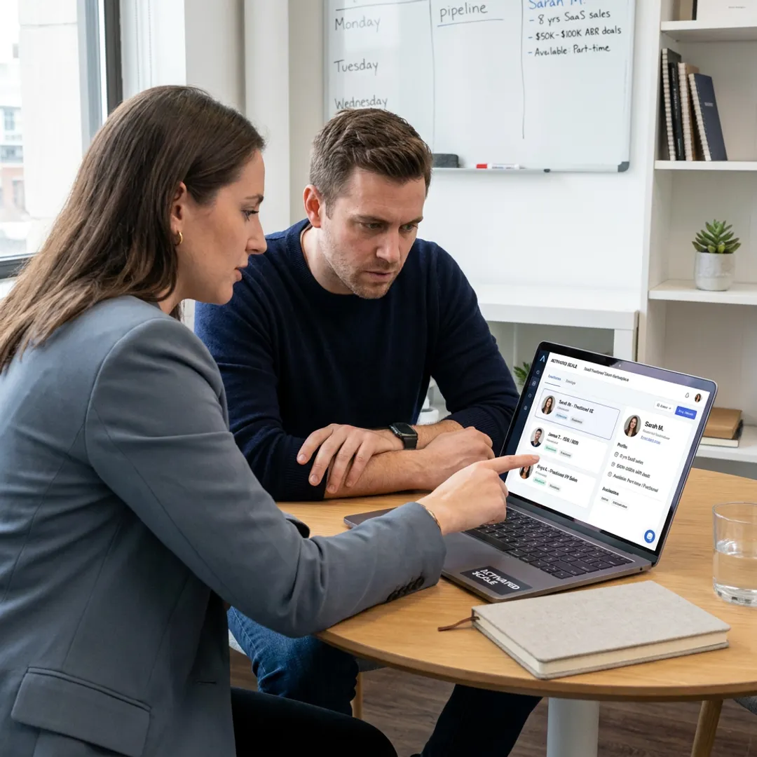 Founder reviewing sales candidates with recruiter