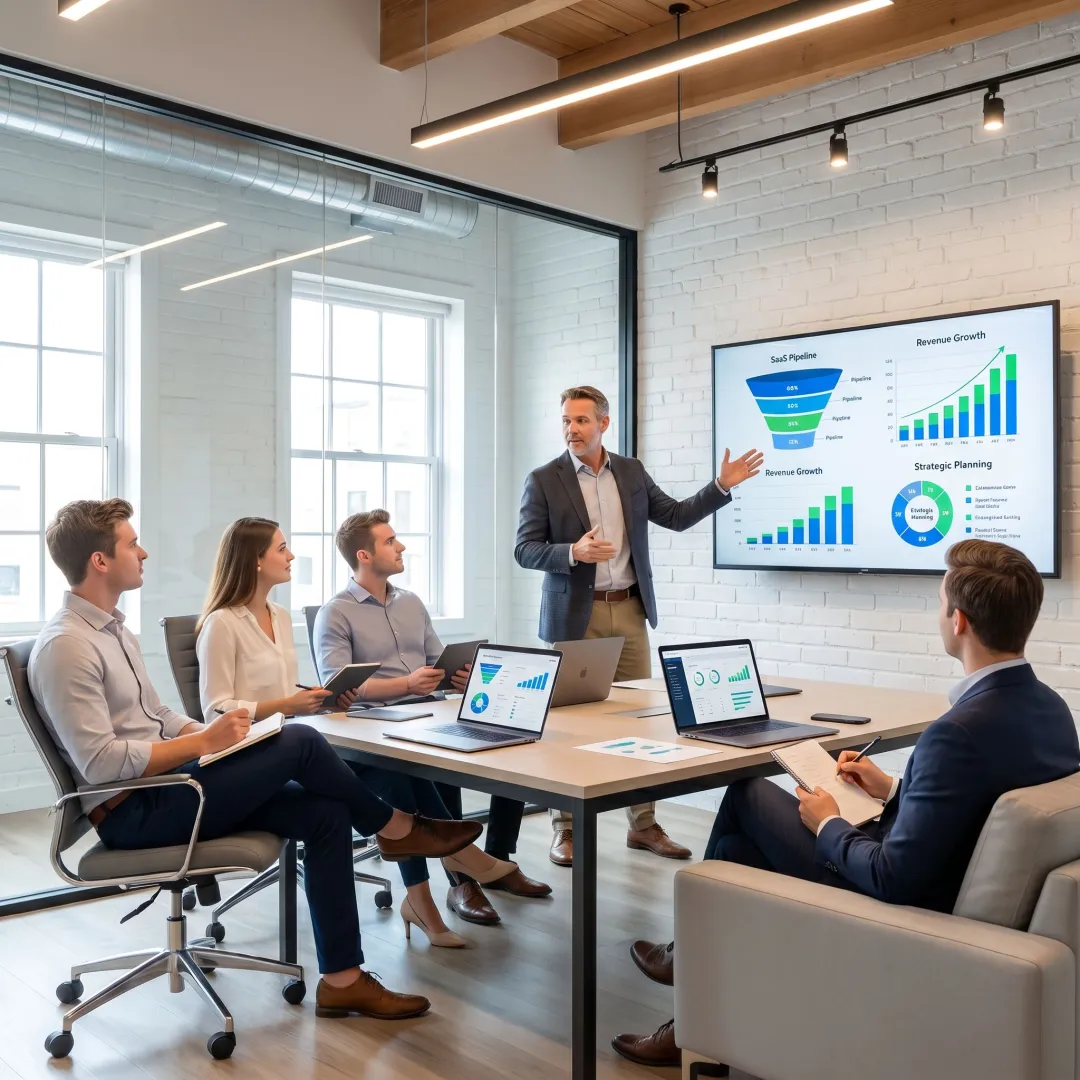 Sales consultant reviewing pipeline strategy