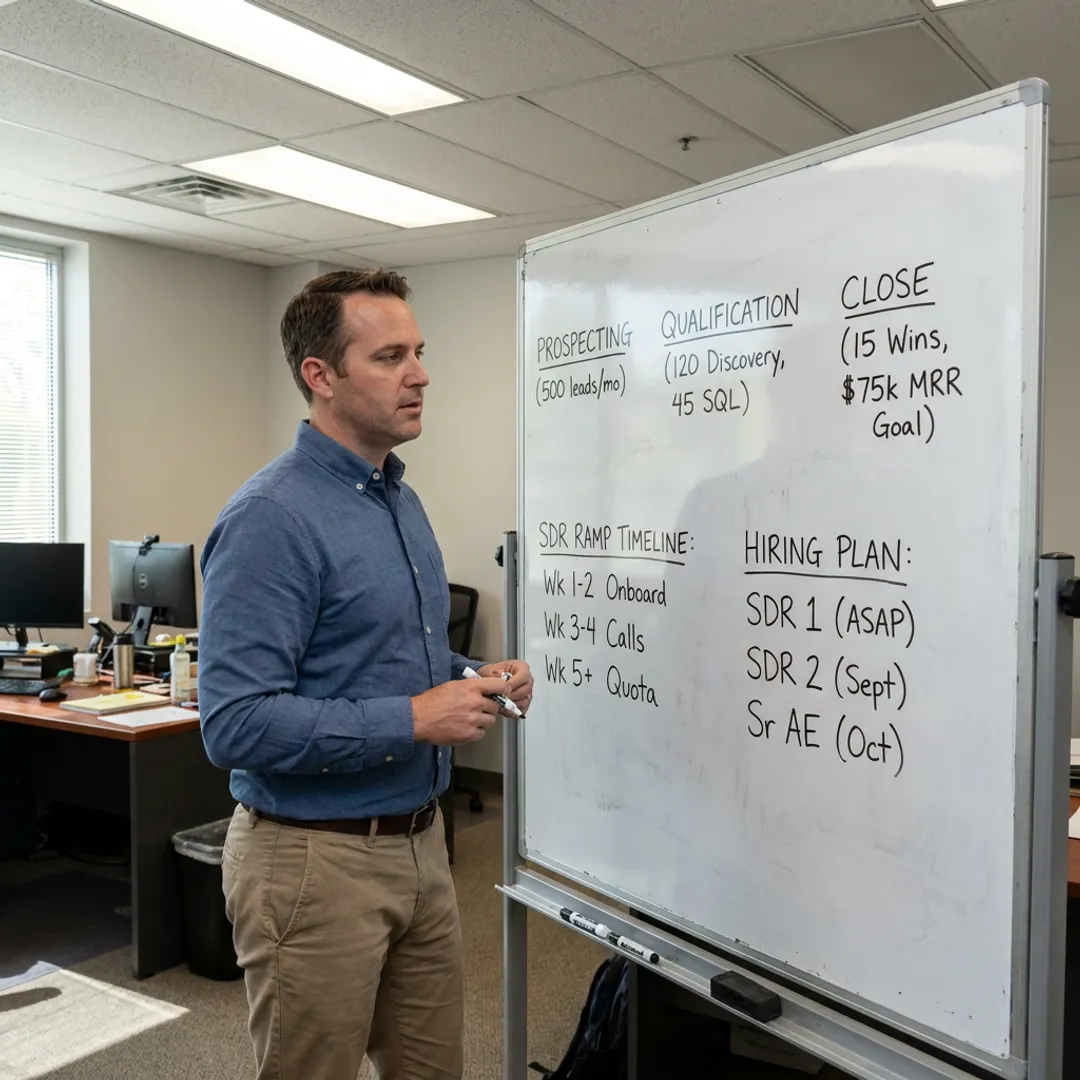 Sales leader guiding startup team through revenue planning