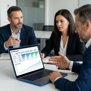 Technology sales team reviewing pipeline dashboard