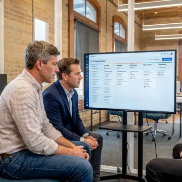 Fractional sales executive reviewing pipeline with Texas SaaS founder