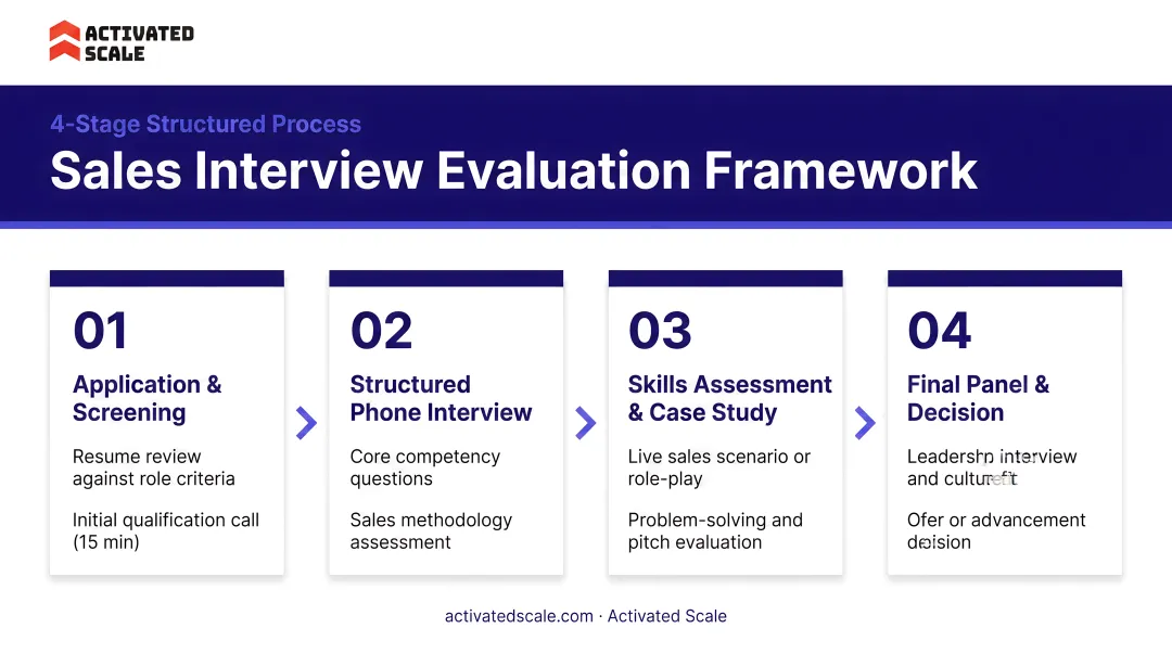 Structured sales interview process four-stage evaluation framework infographic