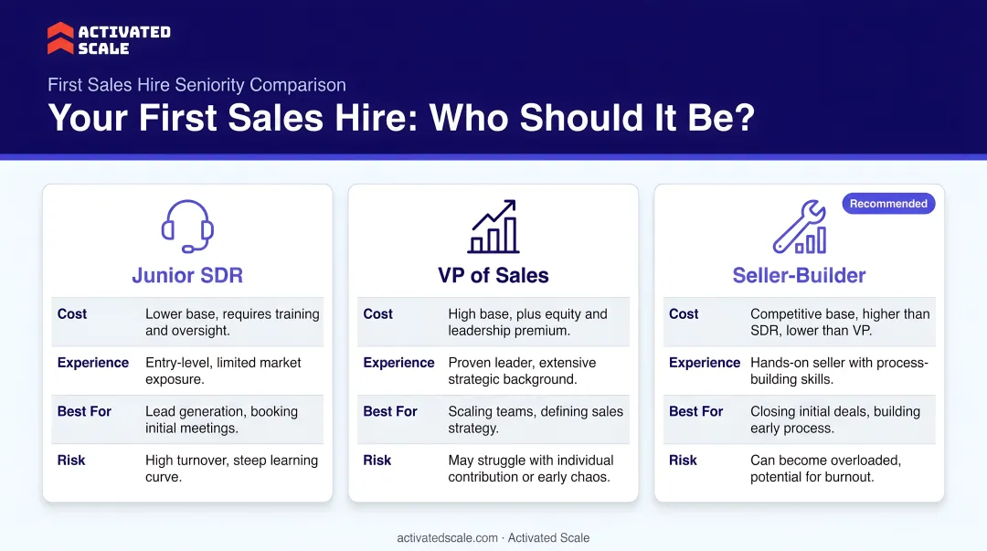 First sales hire seniority comparison junior SDR versus VP of Sales versus seller-builder