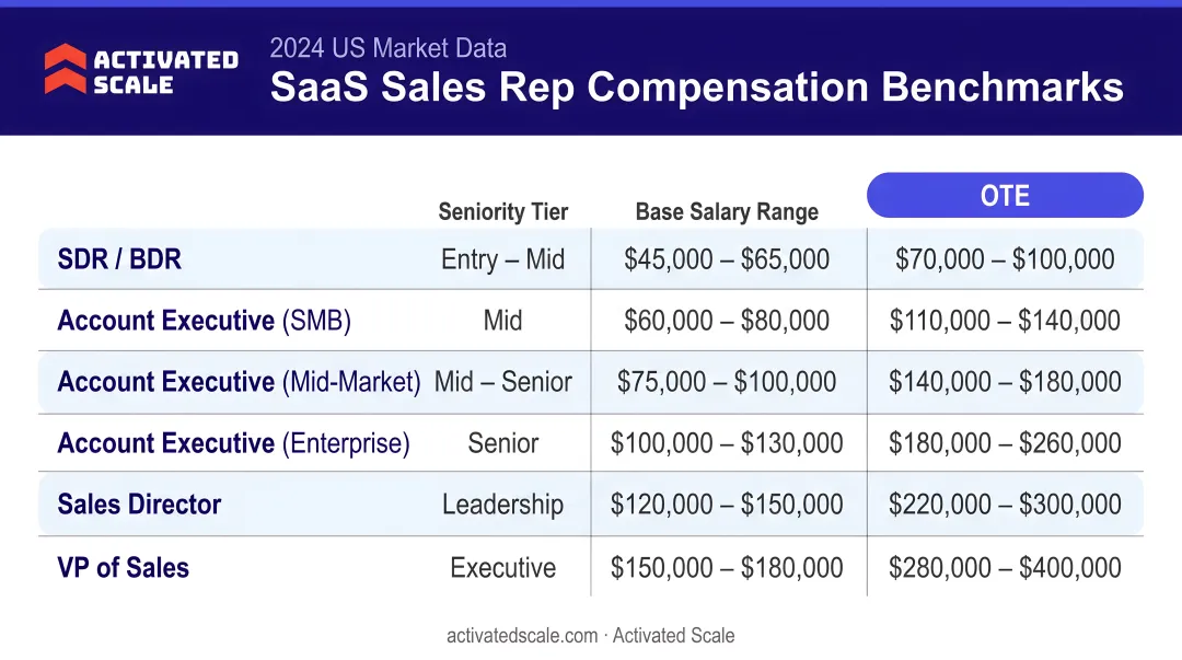 SaaS sales rep compensation benchmarks base salary and OTE by role