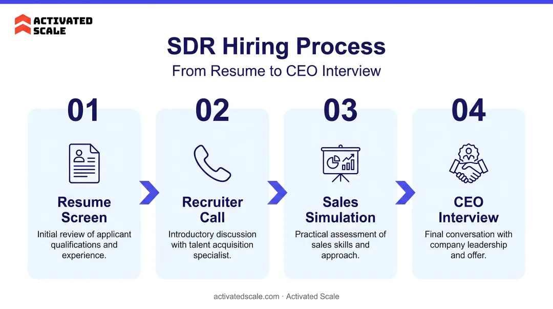 Four-stage SDR hiring process flow from resume screen to CEO interview