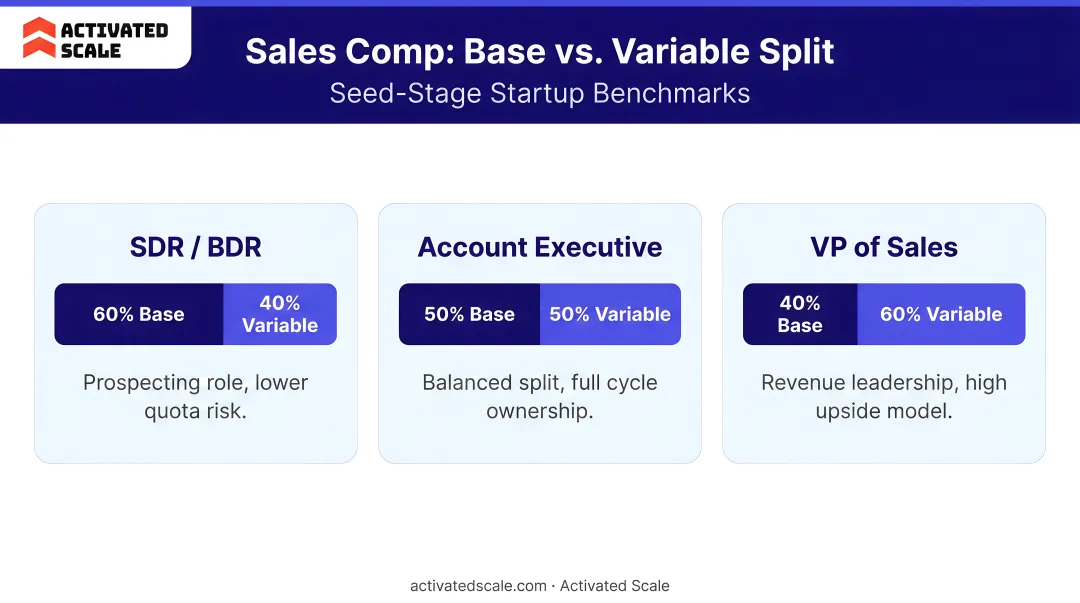 Sales compensation base-to-variable split comparison for seed-stage startups