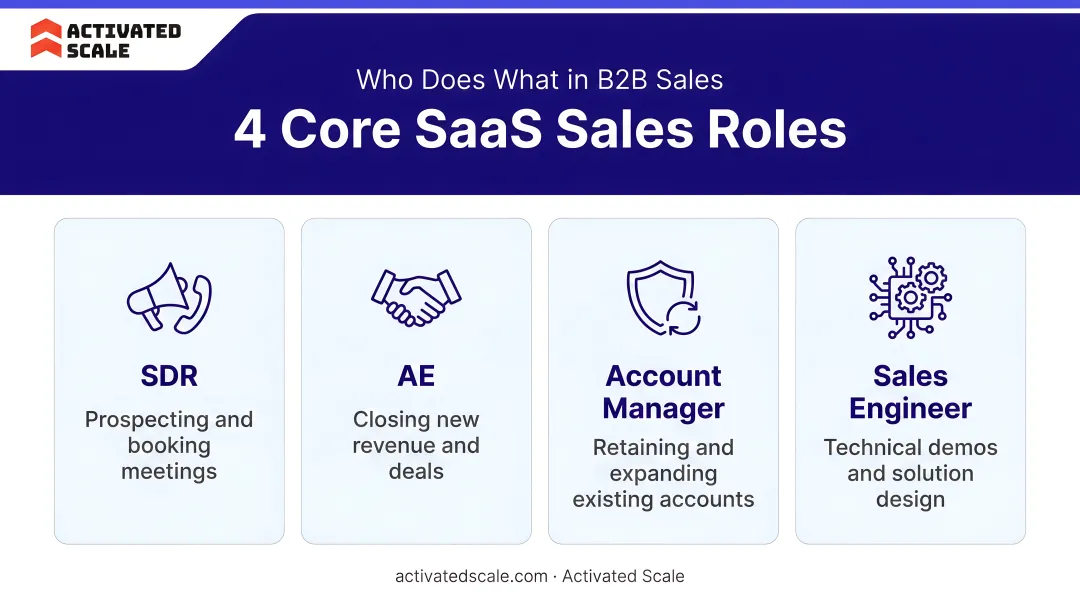 Four core SaaS sales roles comparison SDR AE account manager sales engineer