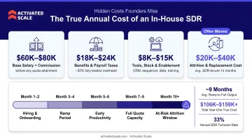 In-house SDR true annual cost breakdown with attrition and ramp timeline data