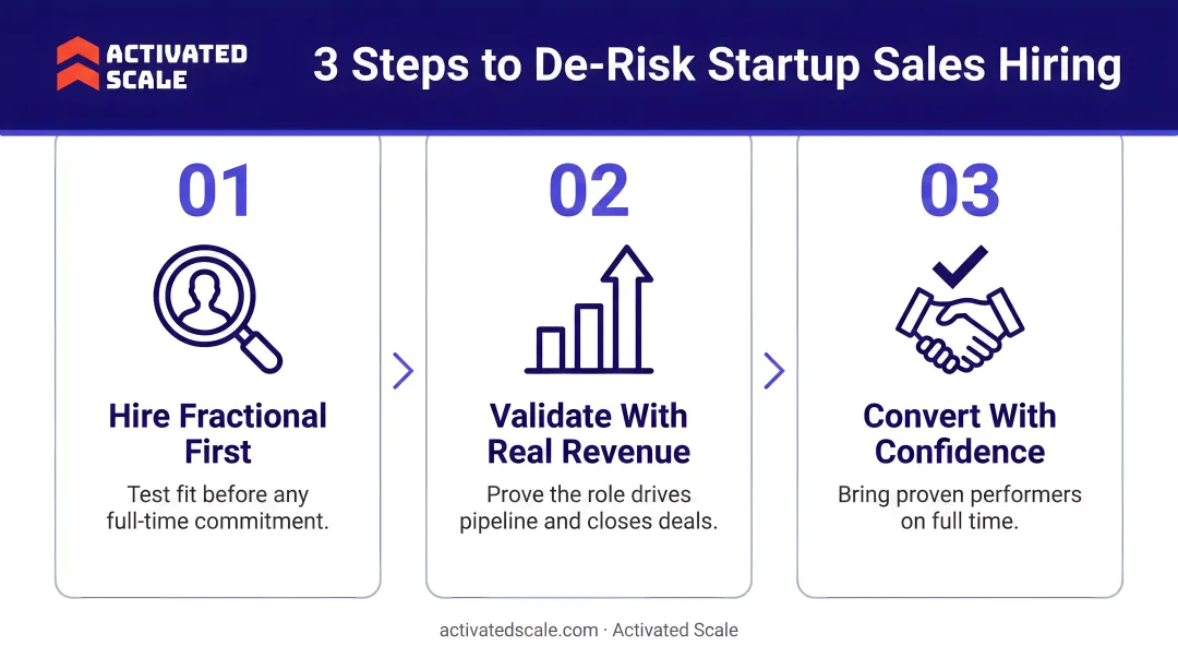 Three-step process to de-risk startup sales hiring decisions infographic