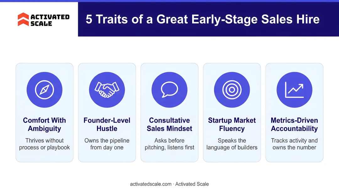 Five key traits predicting early-stage startup sales hire success infographic