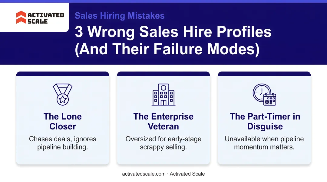 Three wrong sales hire profiles and failure modes comparison infographic