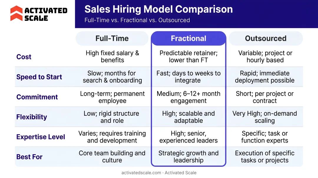 Full-time versus fractional versus agency sales hiring model comparison table
