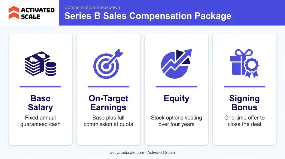Series B sales compensation package breakdown showing base OTE equity and signing bonus components