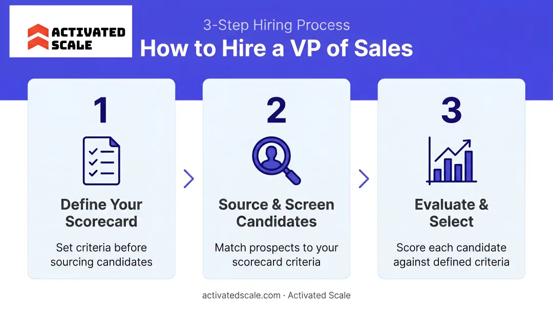 Three-step VP of Sales hiring process from scorecard definition to candidate evaluation