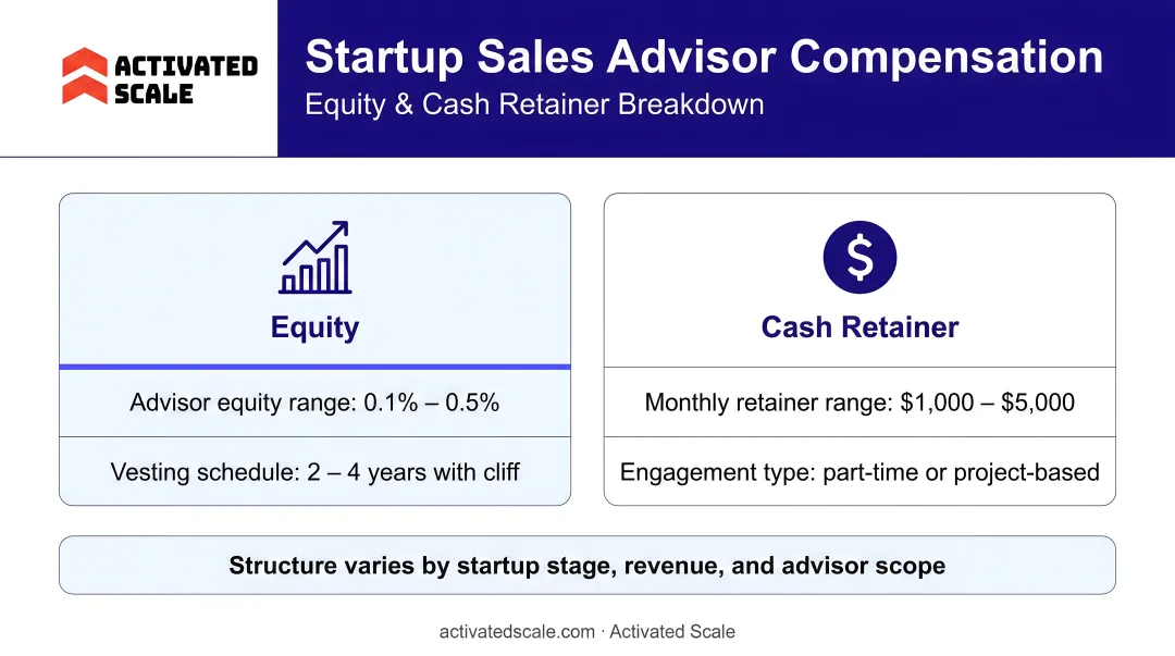 Startup sales advisor compensation structures equity and cash retainer breakdown