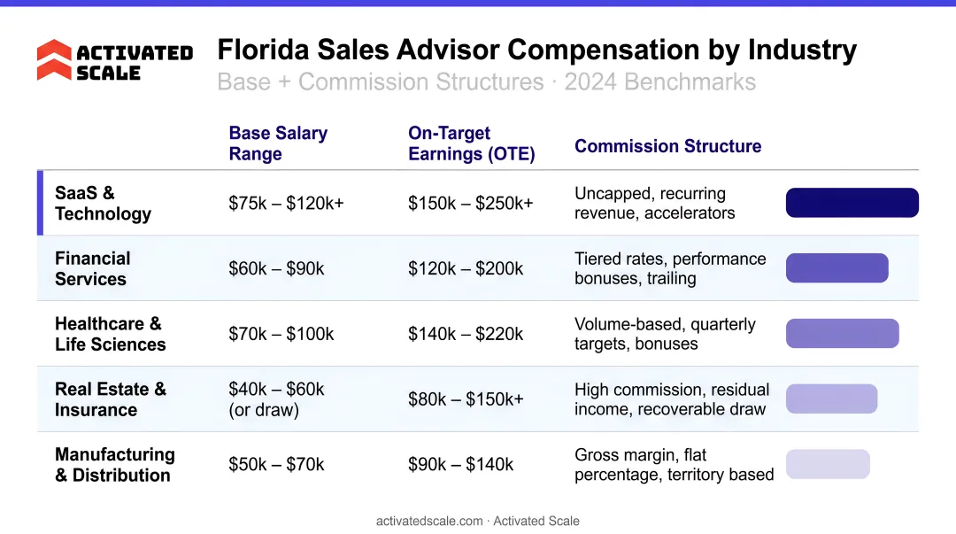 Sales advisor compensation structures by industry comparison chart